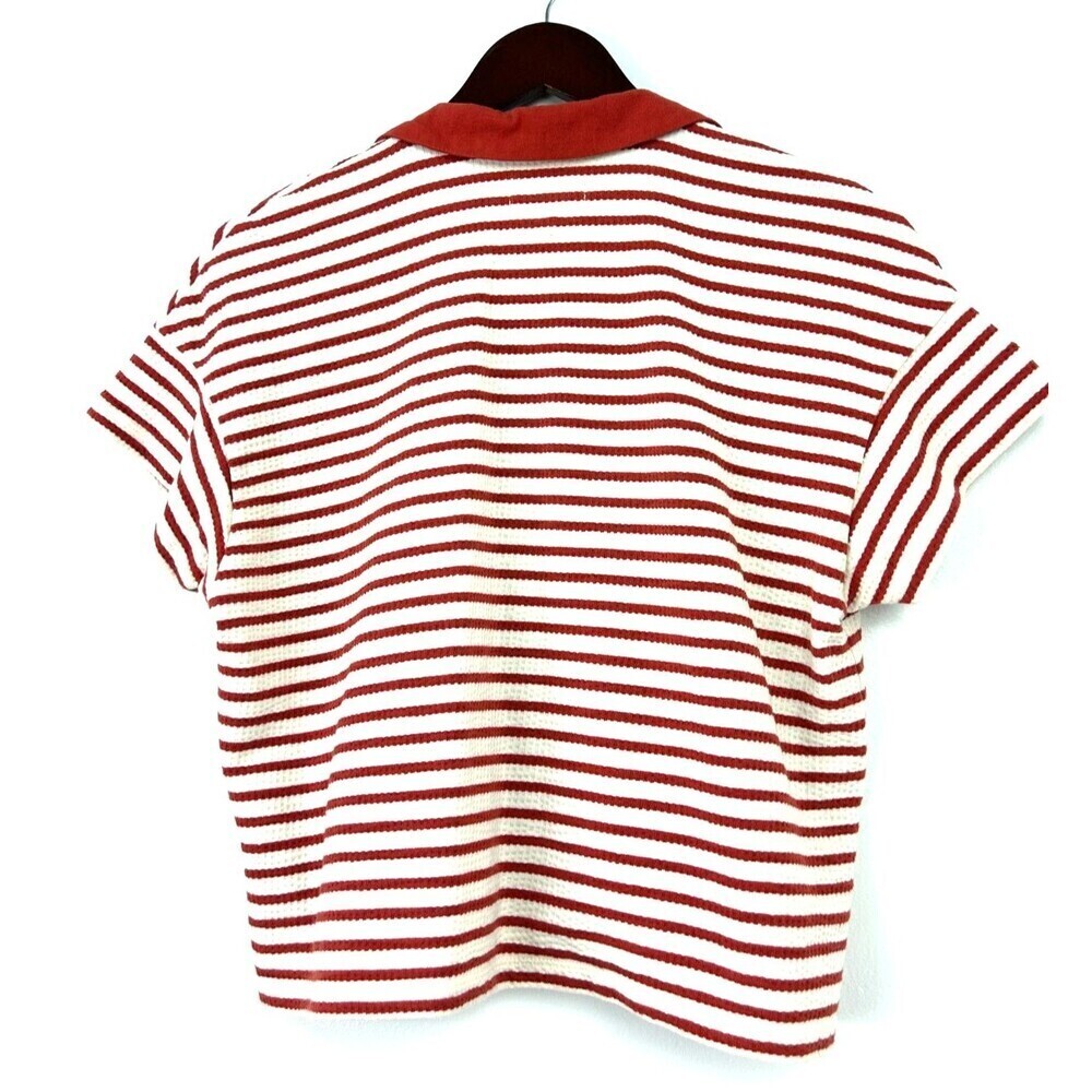 Madewell Women Burnt Red White Striped Texture Rib Cropped Polo Tee Sz S 1254H4 - Picture 7 of 12